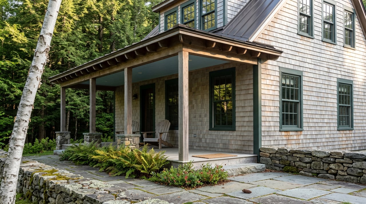 Gray cedar-shake residence with a deep porch, blue ceiling, stone path, and hemlocks overhead.