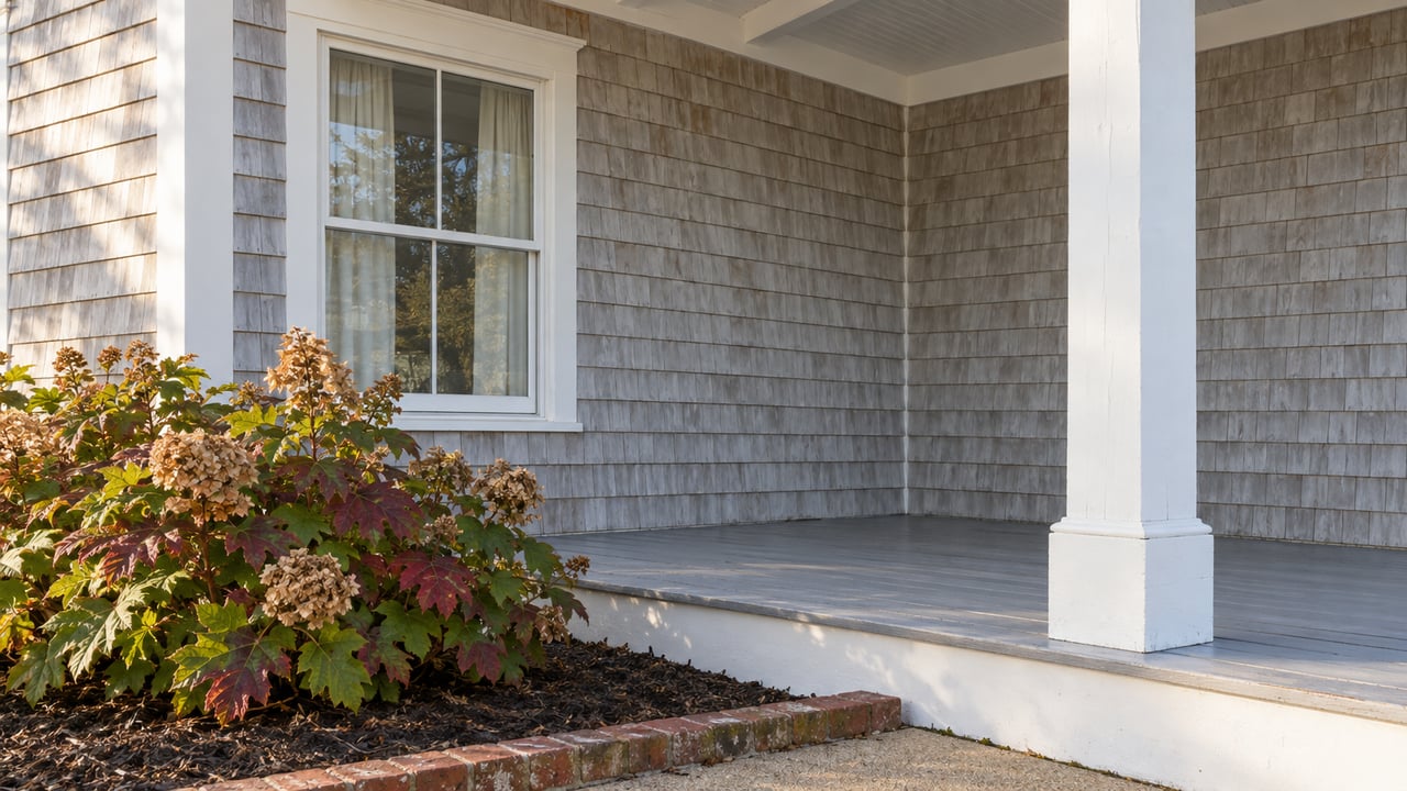 Sunlit silver-gray shingle cottage porch with a white timber post, closed sash window and oakleaf hydrangea showing autumn color.