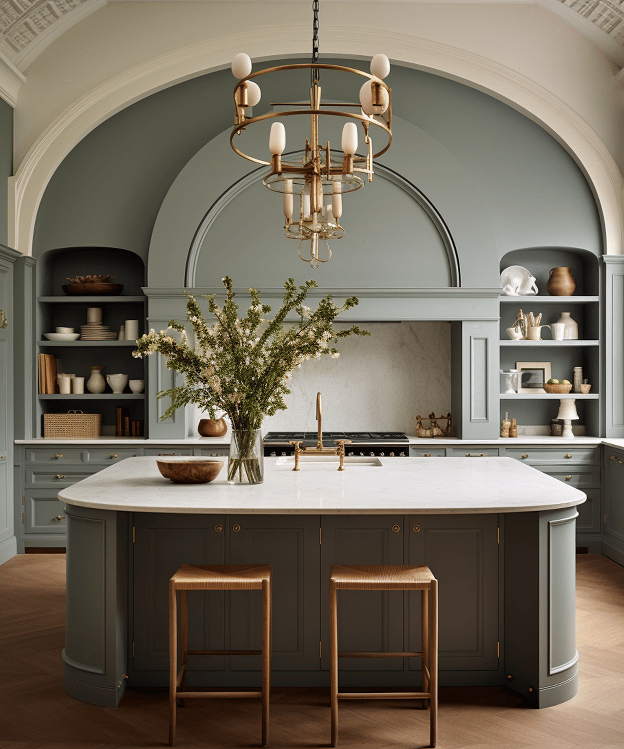 Kitchen with a white island, sage-gray cabinetry, arched details, and brass chandelier.