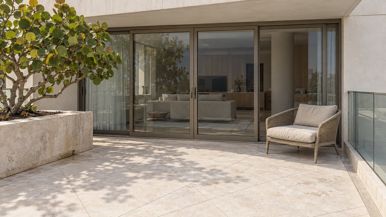 Sunlit limestone condominium terrace with bronze-framed glass doors, a woven lounge chair and a sculptural sea grape tree in a raised stone planter.