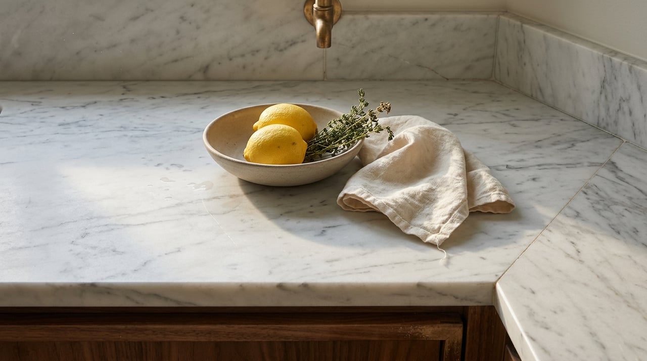 Marble counter corner with lemons, thyme, linen towel, and brass tap edge.