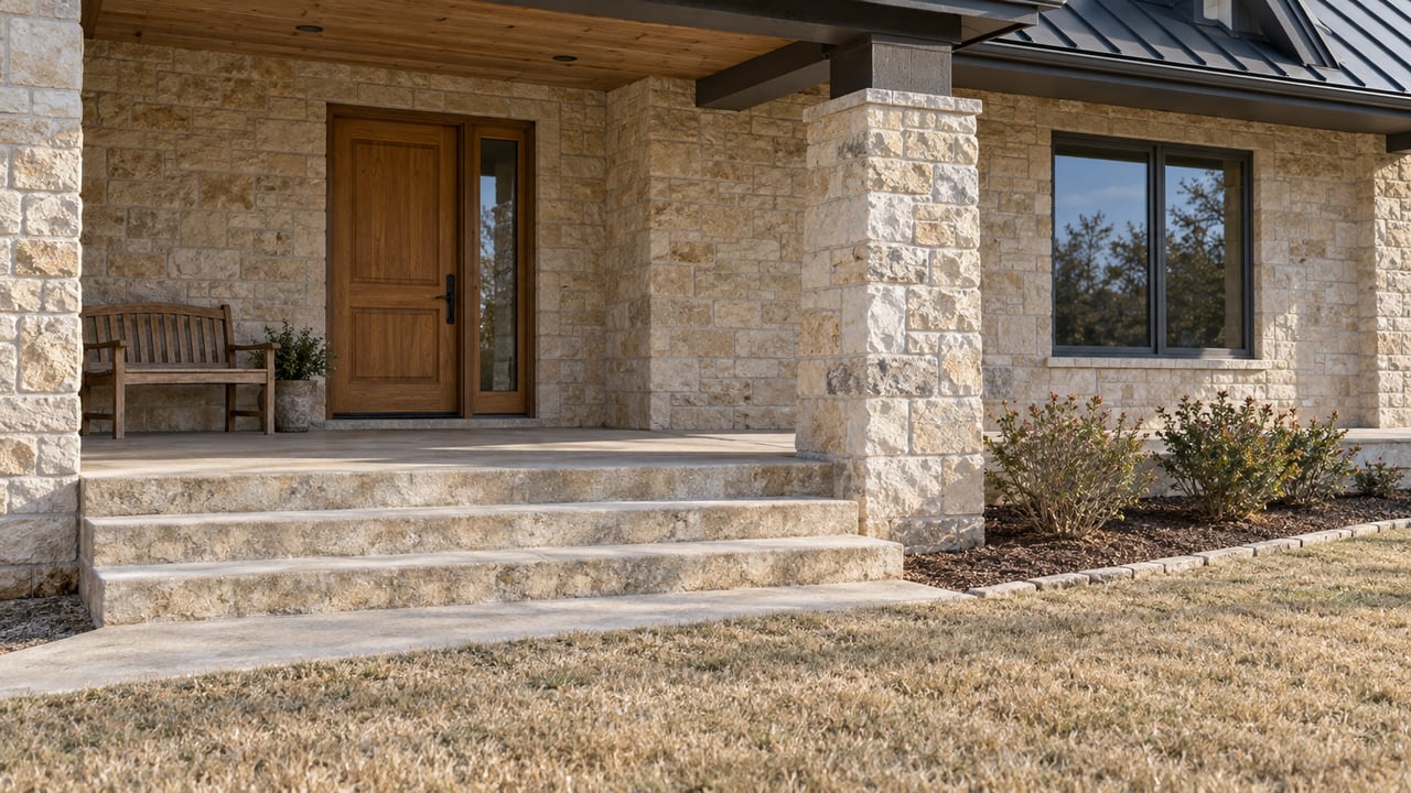 Winter sunlight falls across broad limestone steps and a covered porch with an oak door, bronze-framed window, and dormant lawn.