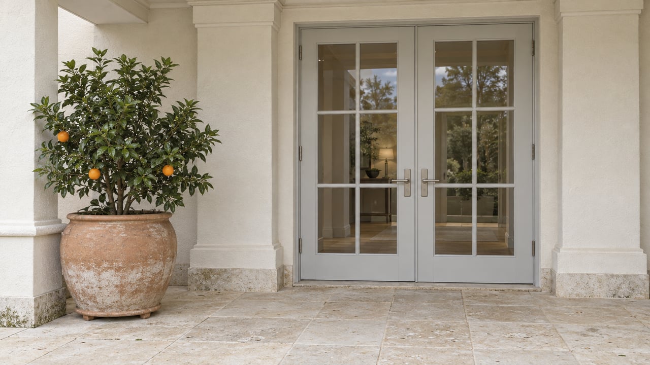 Sheltered ivory-stucco villa entrance with pale-gray glazed French doors, limestone paving and a citrus tree in an aged terracotta pot.