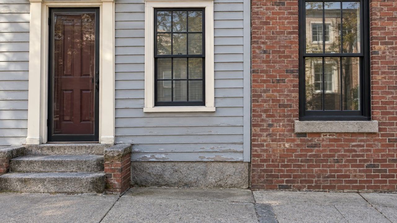 Two adjoining residential facades: gray clapboards with a paneled door and granite steps beside a red-brown brick building.