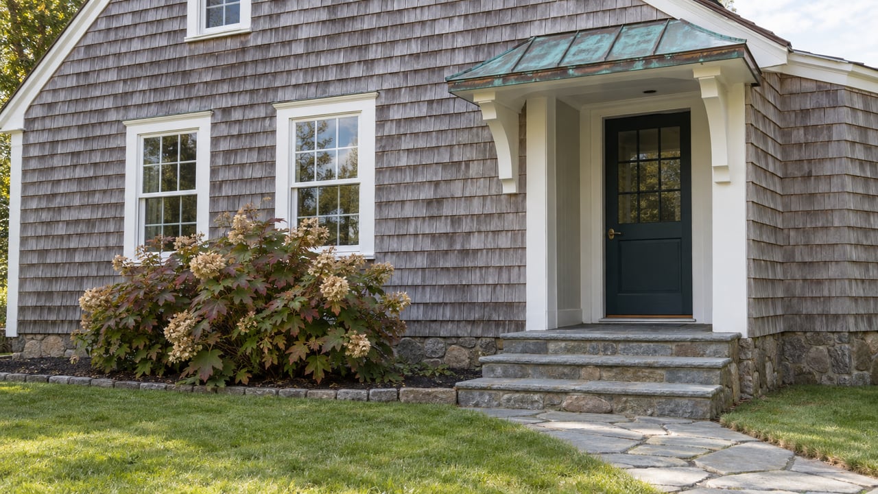 Weathered cedar-shingle home with white-trimmed windows, a blue-green entry door, stone steps and an oakleaf hydrangea beside the lawn.