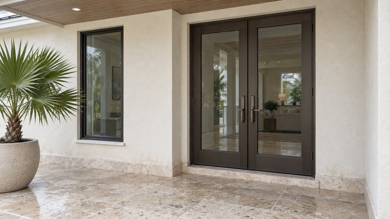 Sheltered coastal home entry with ivory stucco, bronze-framed glass doors, shell limestone paving and a single potted thatch palm.