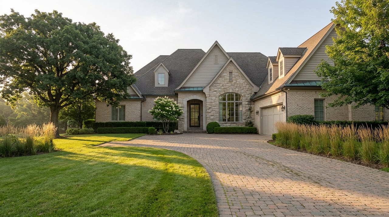Custom brick-and-stone estate with steep gables, curved paver drive, and a mature oak shading the lawn.