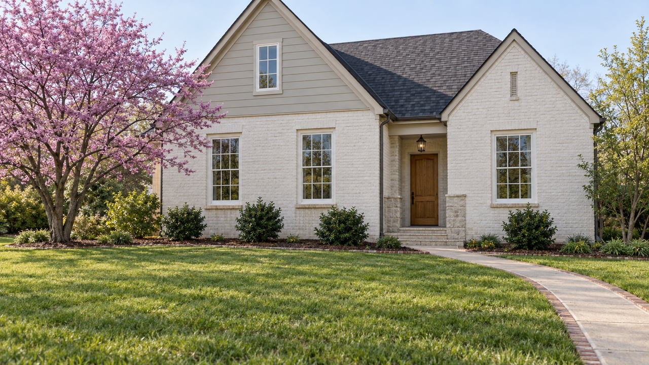 Detached white-brick house with two gables, a redbud tree, and a curved walk across a broad lawn.