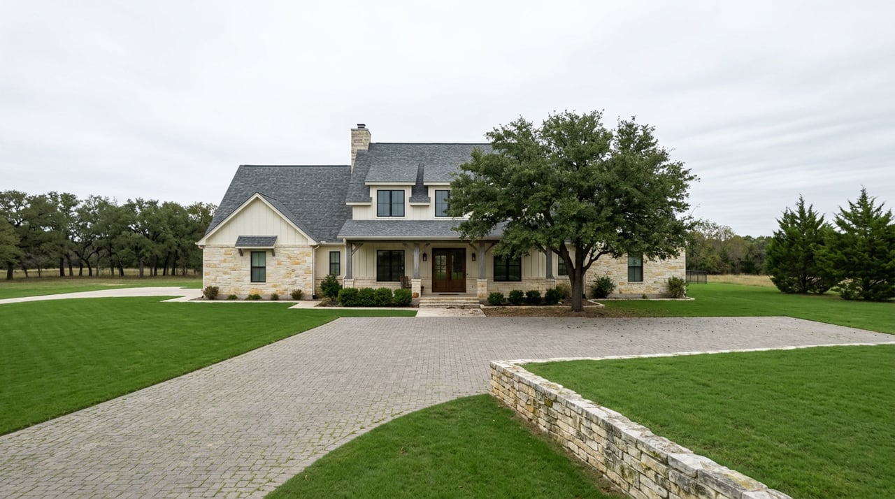 Stone-and-ivory estate with a broad gabled roof, long paver drive, manicured lawn, and mature oak.
