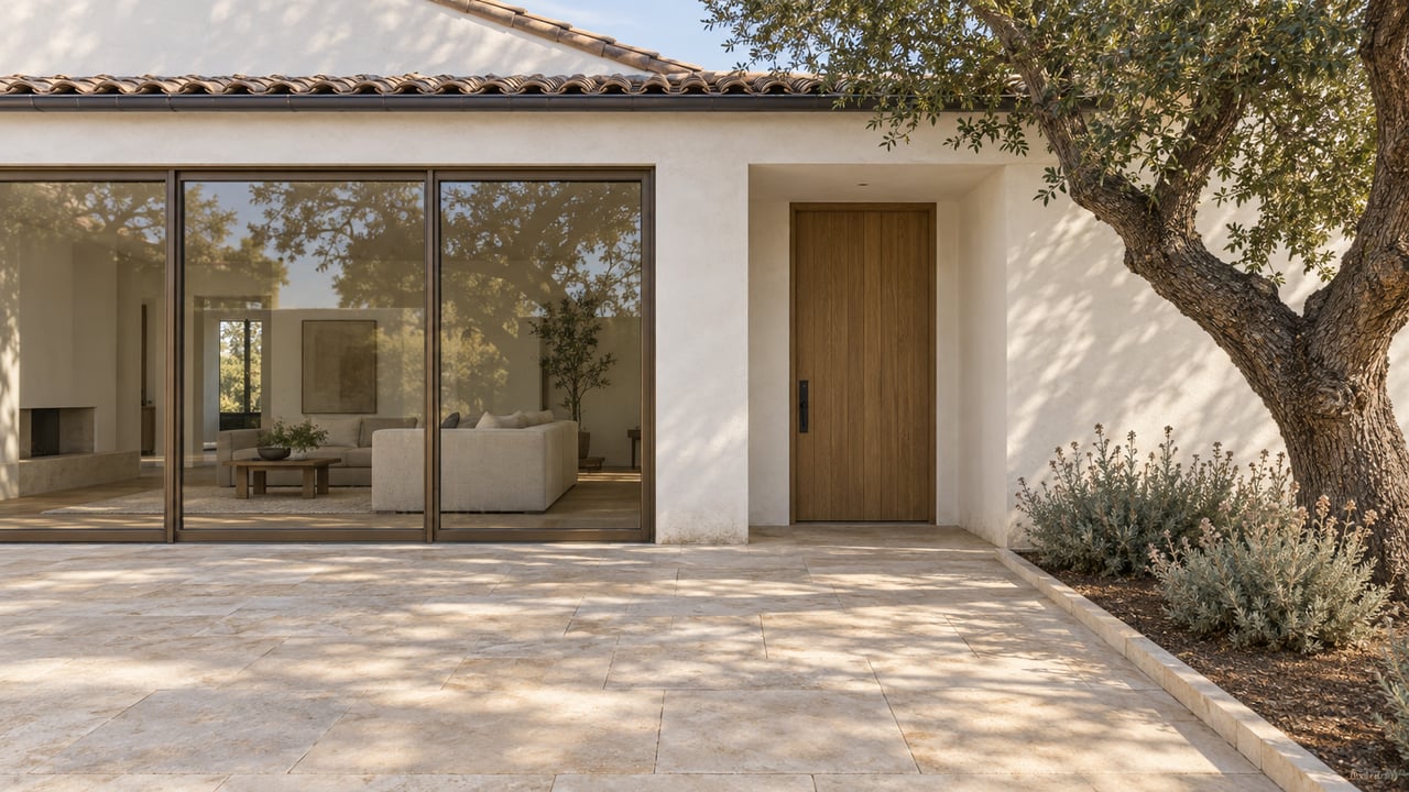 White stucco home with bronze-framed glass doors, an oak entry door and a limestone terrace beside a mature oak and silver-green sage.