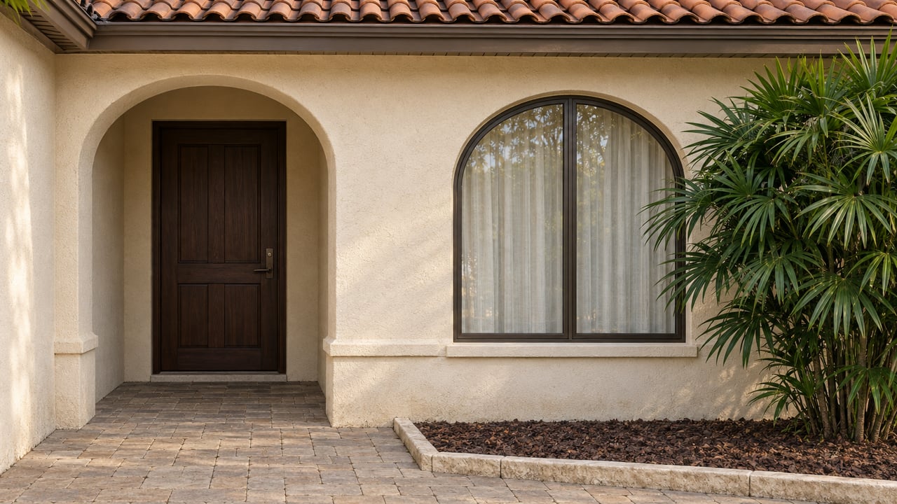 Close view of a cream stucco home's sheltered arched entrance, bronze-framed window, terracotta roof and bordered paver approach.