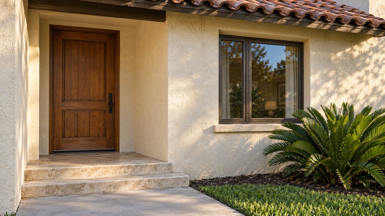 Sheltered stucco entry with a weathered wood door, bronze-framed window, limestone steps, and a Zamia plant.