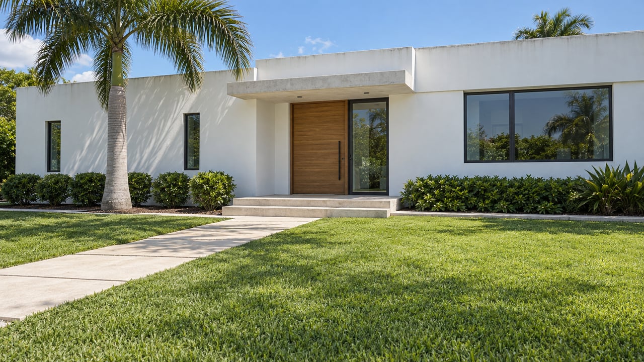 Sunlit white stucco home with bronze-framed windows, a recessed wood entrance, deep green lawn, and a mature royal palm.