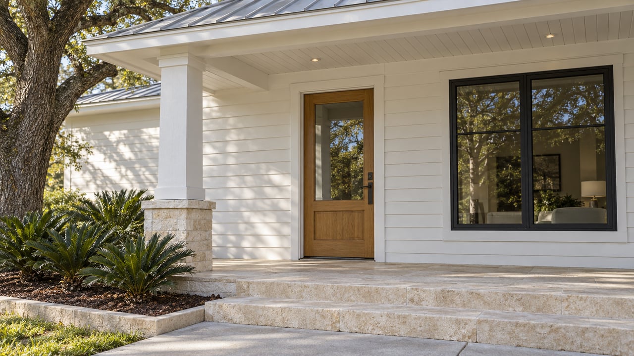 Sunlit white-sided home entry with an oak glazed door, black-framed window, limestone steps and coontie planting.