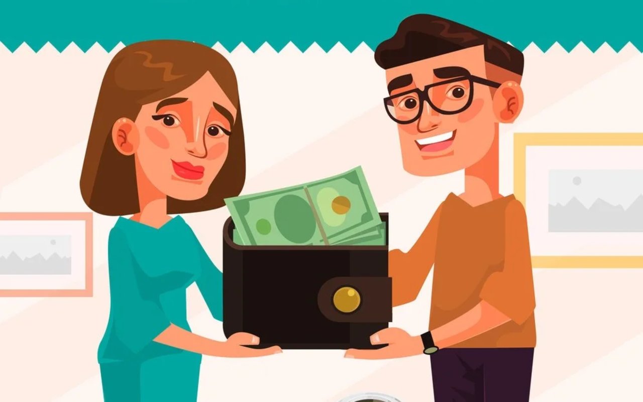 Illustration of a couple holding an open safe filled with cash.