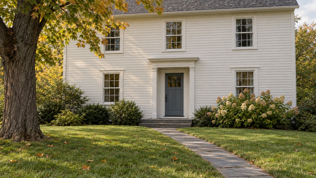 Off-white clapboard house with a blue door, bluestone walk, and amber-leaved tree.
