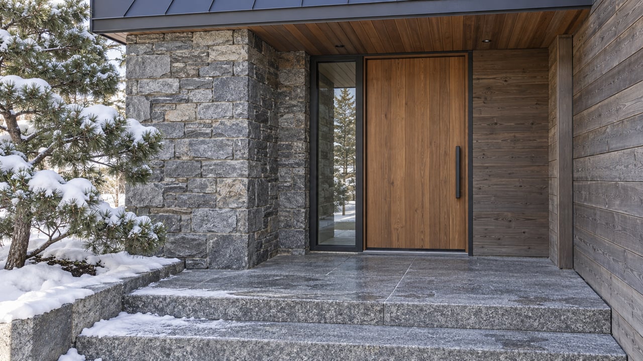 Snow-edged granite steps lead to a sheltered timber entrance framed by cedar siding, gray stone and a limber pine.