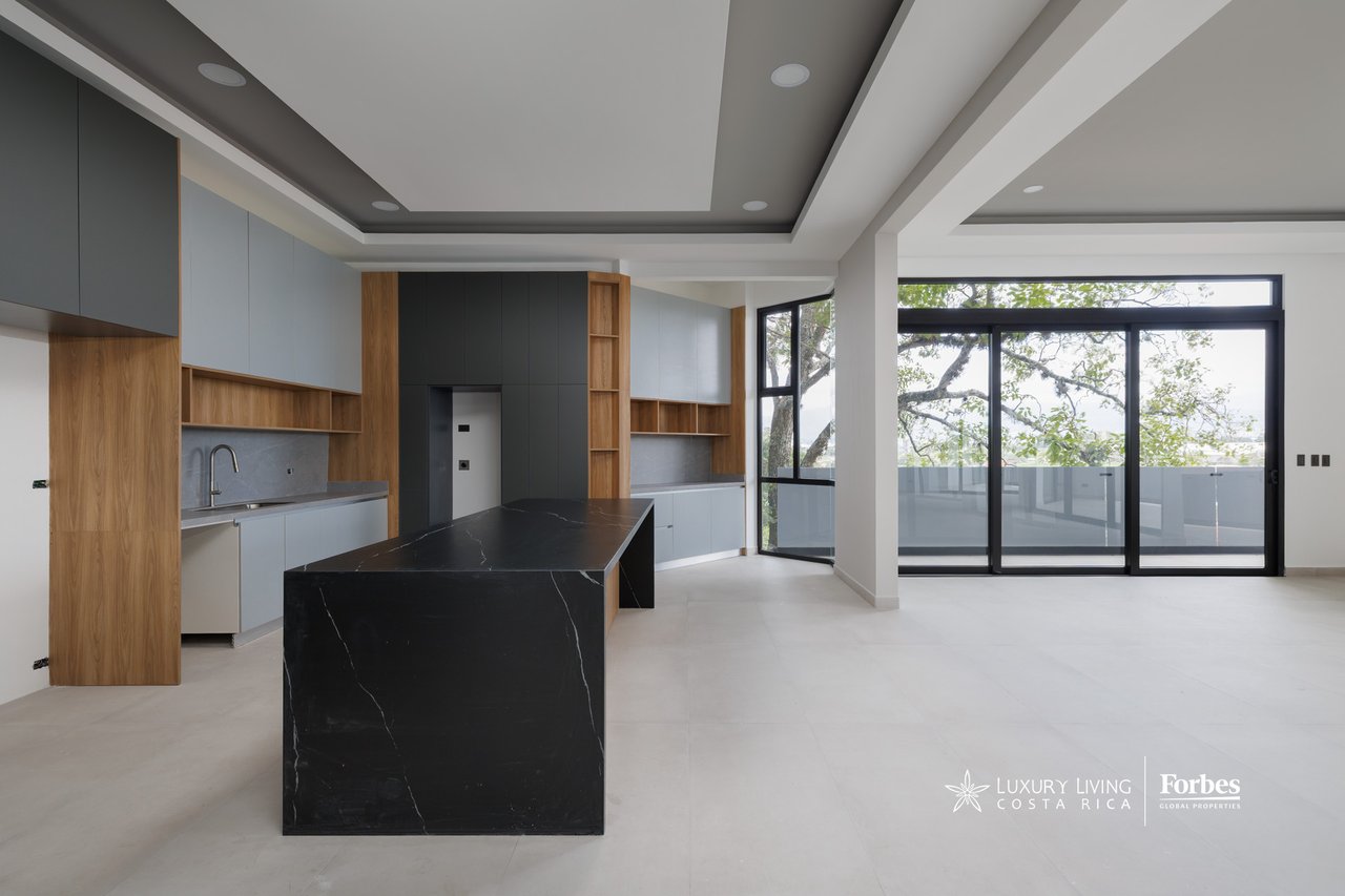 Modern kitchen with a black stone island, wood shelving, and glass doors to a tree-lined balcony.