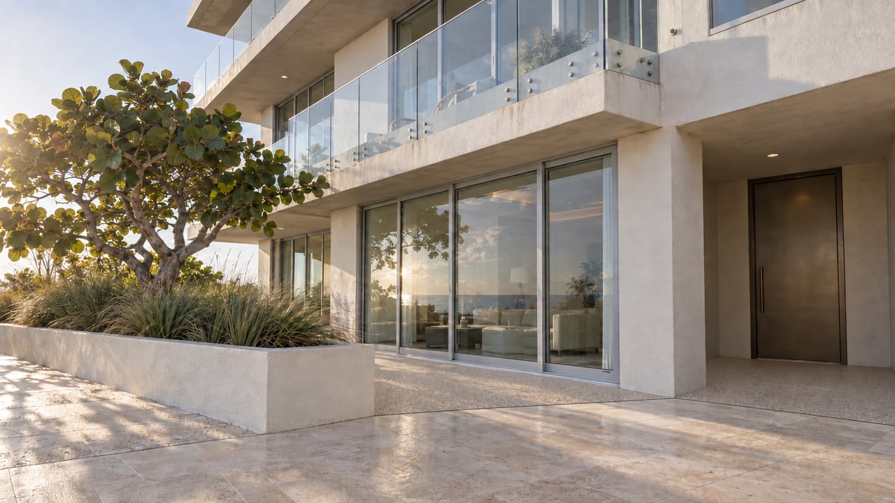 Three-story white stucco building with glass balconies, bronze entry door, limestone paving, and a concrete apron beside a planted bed.