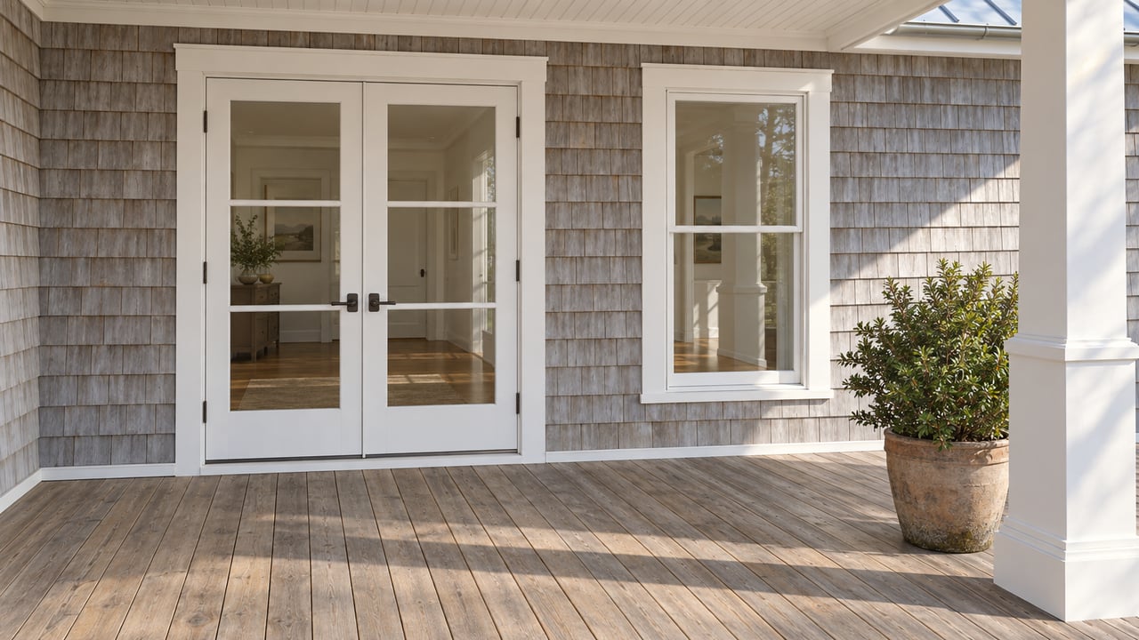 Weathered cedar-shingle cottage entry with white French doors, hardwood porch decking, and a potted dwarf yaupon holly in morning light.