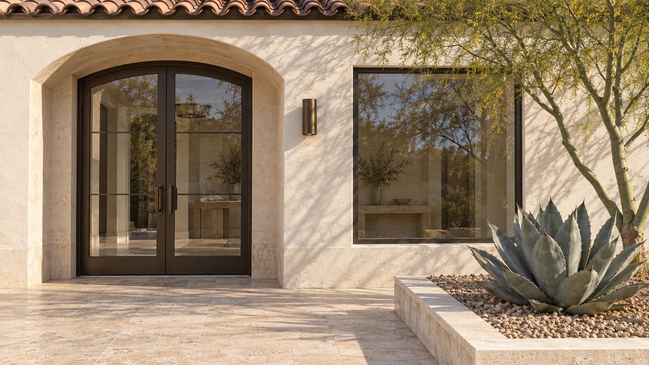 Sunlit cream stucco entry with bronze-framed glass doors, worn limestone paving and a silver-blue agave in a raised stone bed.