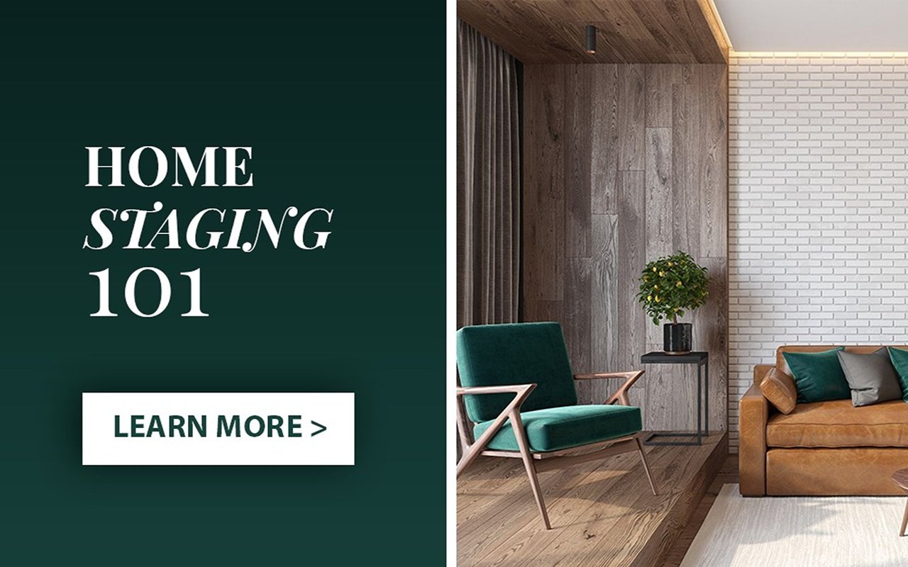 Home Staging 101 graphic beside a staged living room with a teal chair and brown leather sofa.