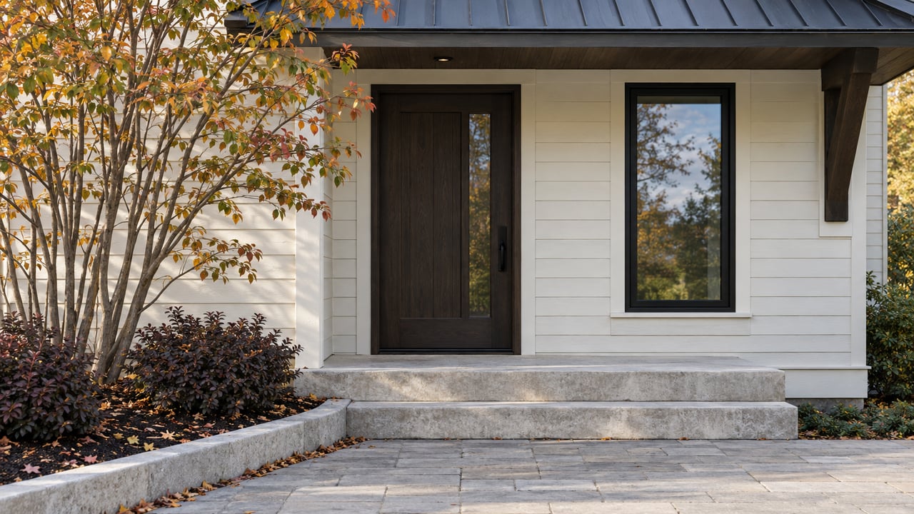 Detached home entrance with dark wood door, black-framed window, limestone steps, and a small tree beside the path.