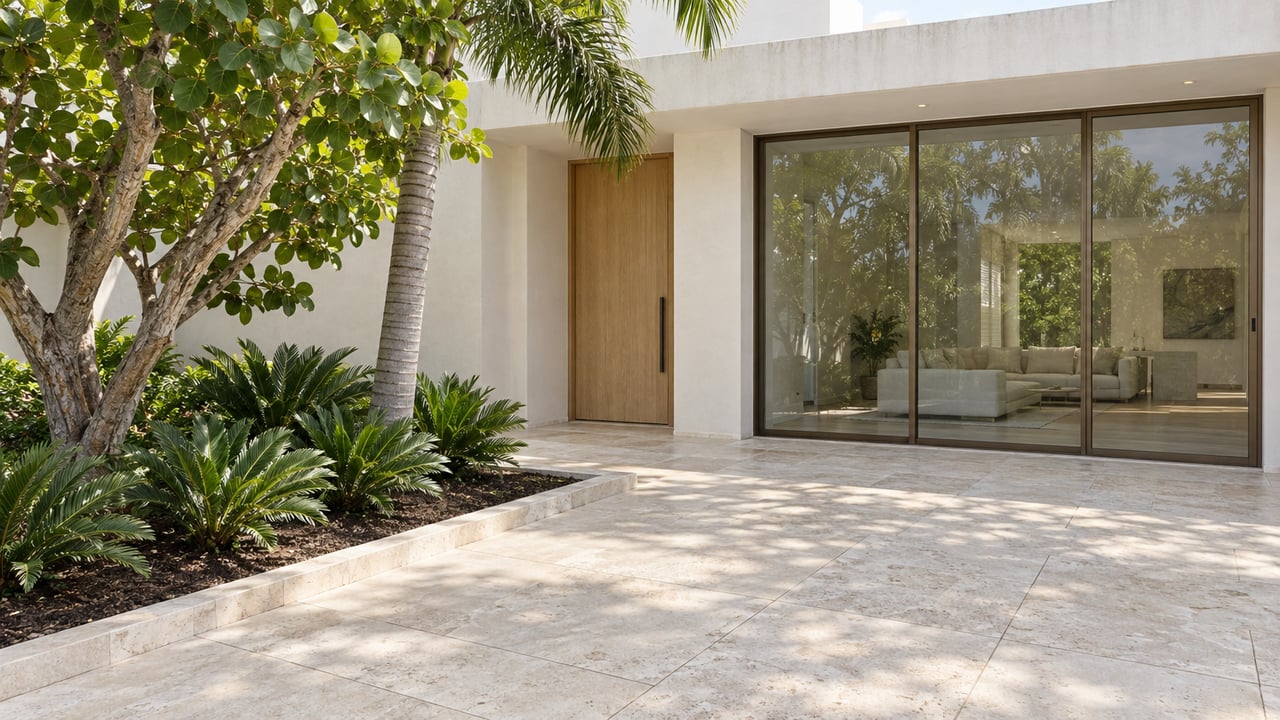 Elevated view of a sunlit limestone entry court, white stucco home, bronze-framed glazing and sculptural tropical planting.
