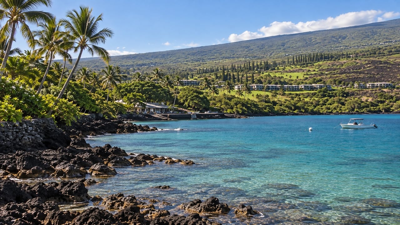 Keauhou shoreline with turquoise water, black lava rocks, palm trees, and homes across the bay.