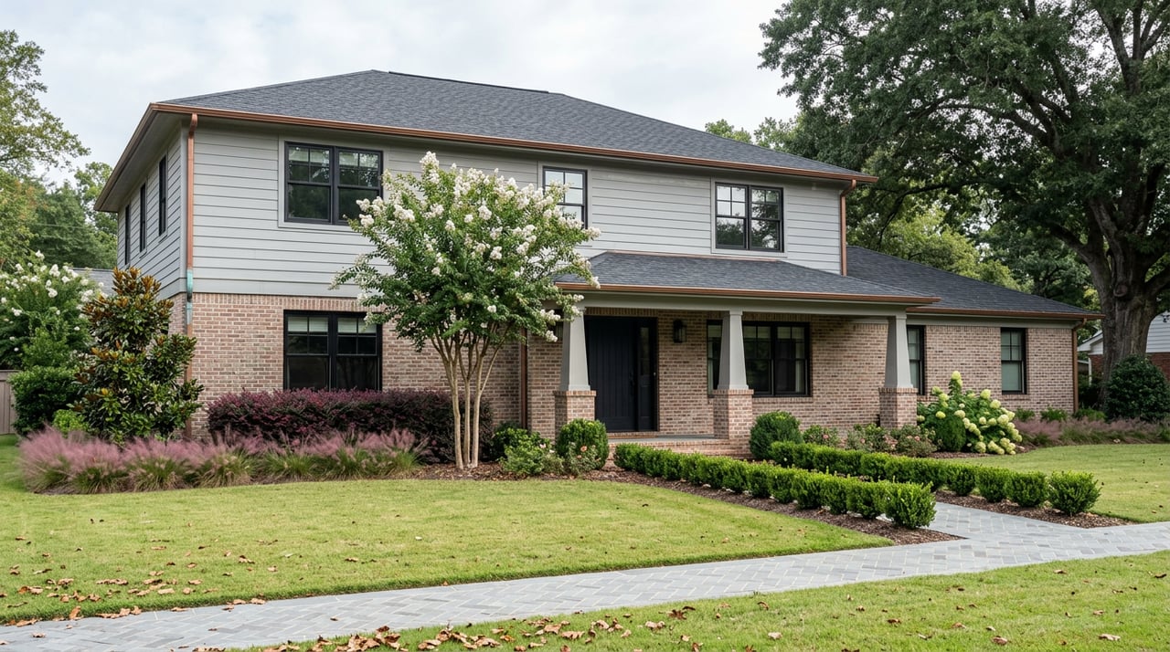 Two-story brick-and-gray home beyond a bluestone path, with white crape myrtle and a canopy oak.