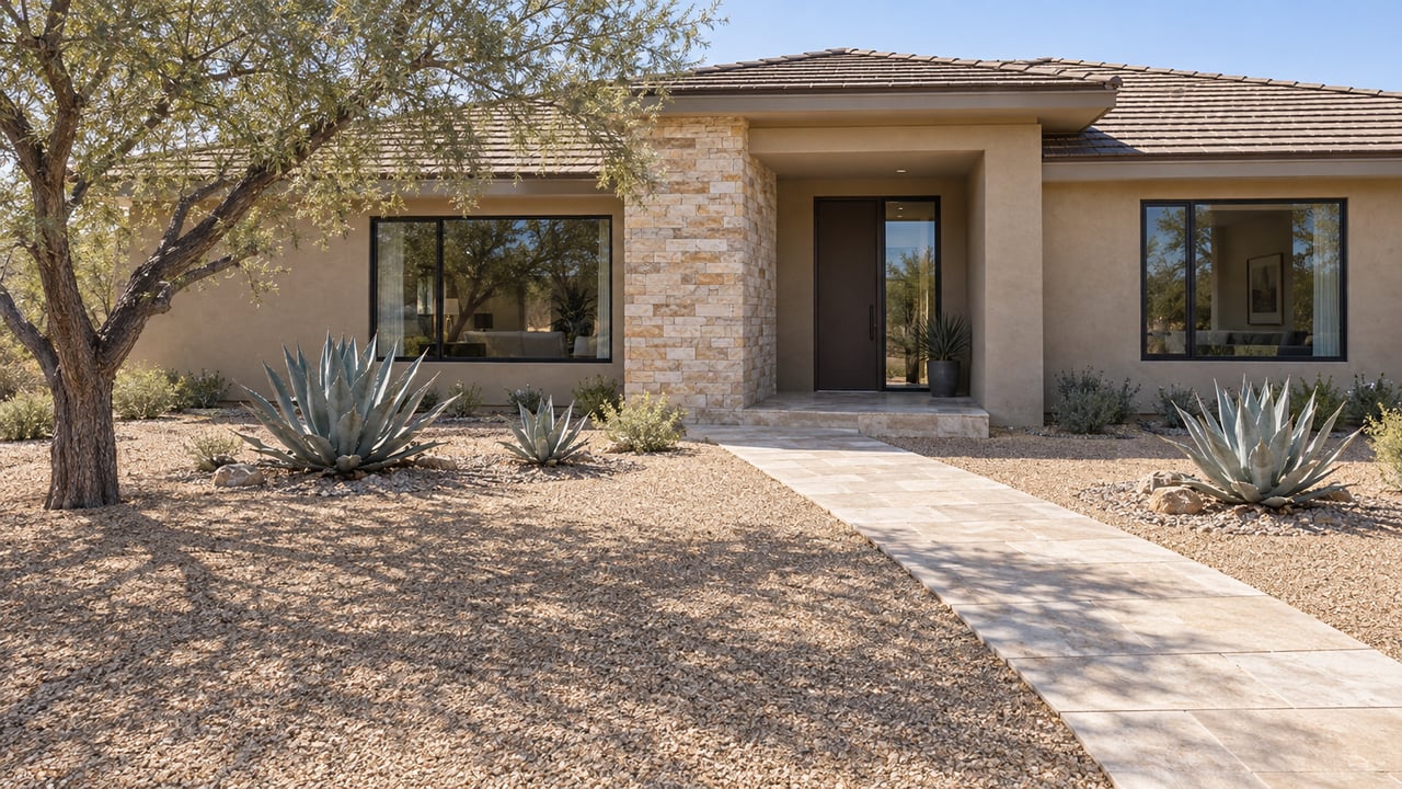 Sand-colored stucco home with dark-framed windows, a low tile roof and a limestone entry path through a broad gravel garden with desert ironwood and three agaves.