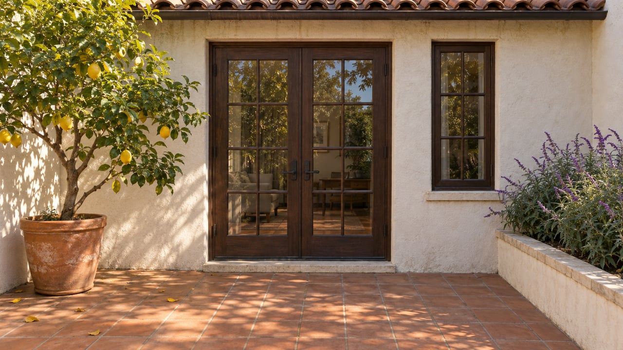 Compact stucco patio with closed French doors, terracotta pavers, and a potted lemon tree.