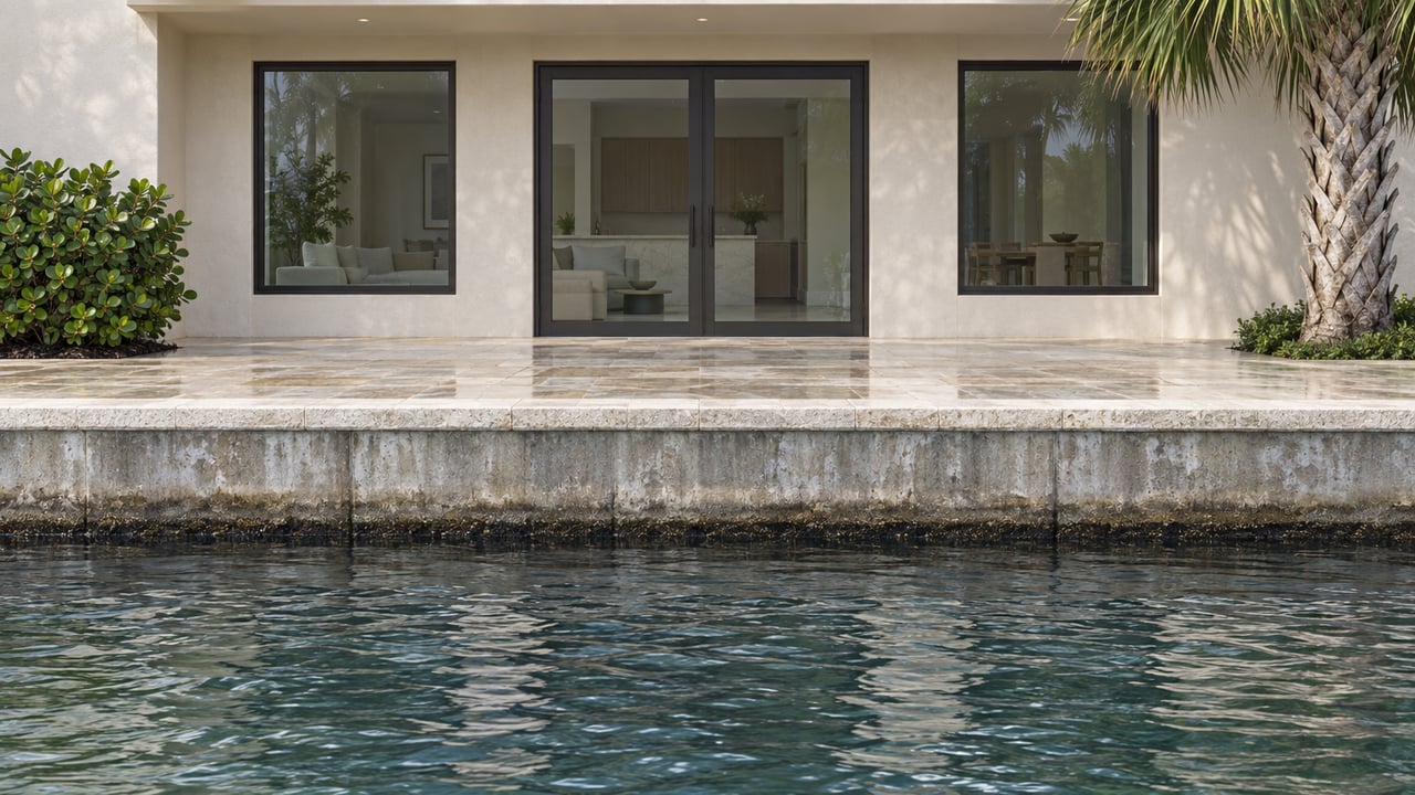 Cream stucco waterfront home with bronze-framed glass doors above a limestone terrace and rippled water.