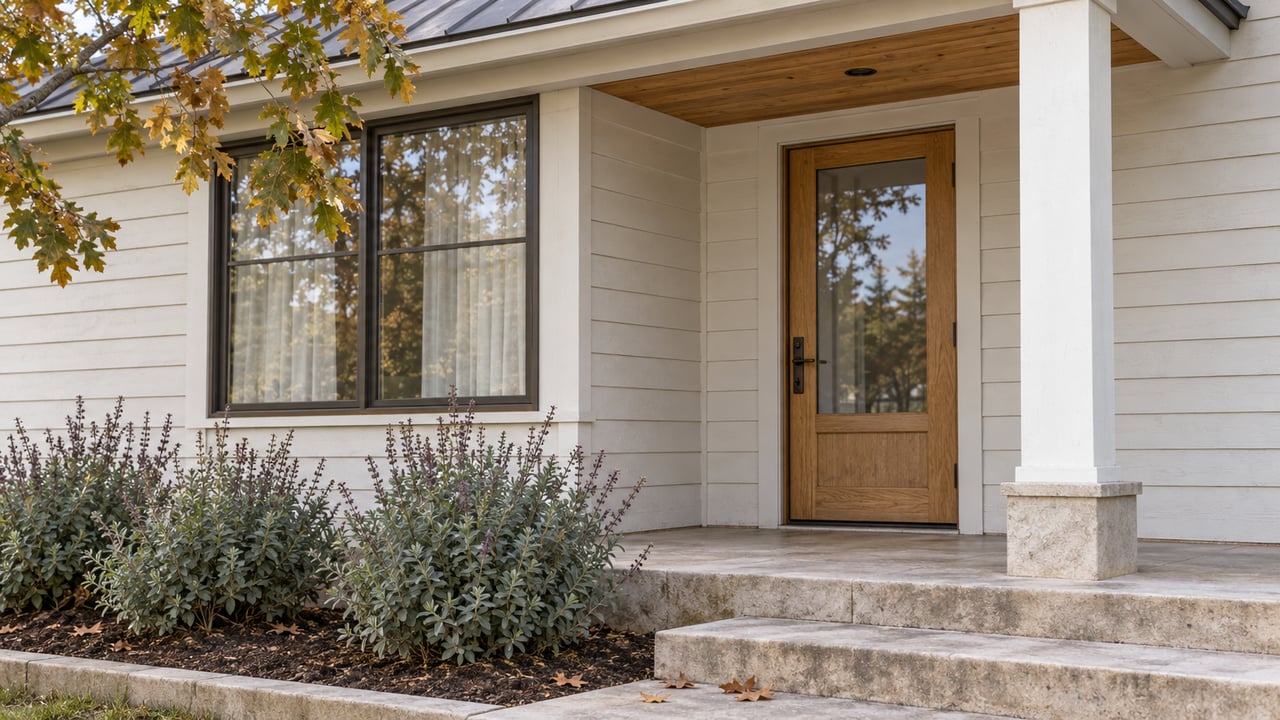 A white-sided cottage porch with a glazed oak door, bronze-framed window, limestone steps, and silver-green sage beneath autumn oak leaves.