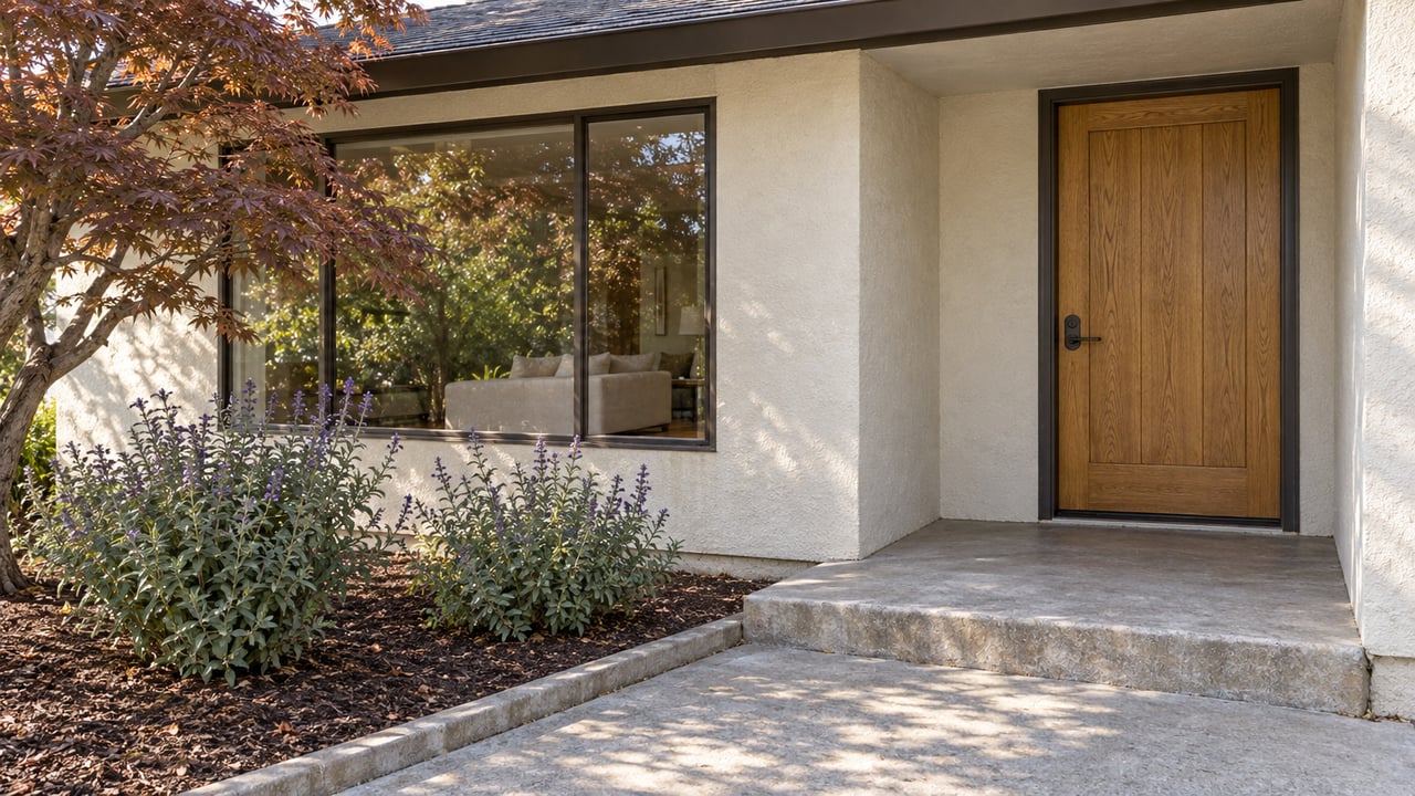 Morning light on an updated ranch entry with an oak door, dark-framed window, concrete steps, and a russet Japanese maple.