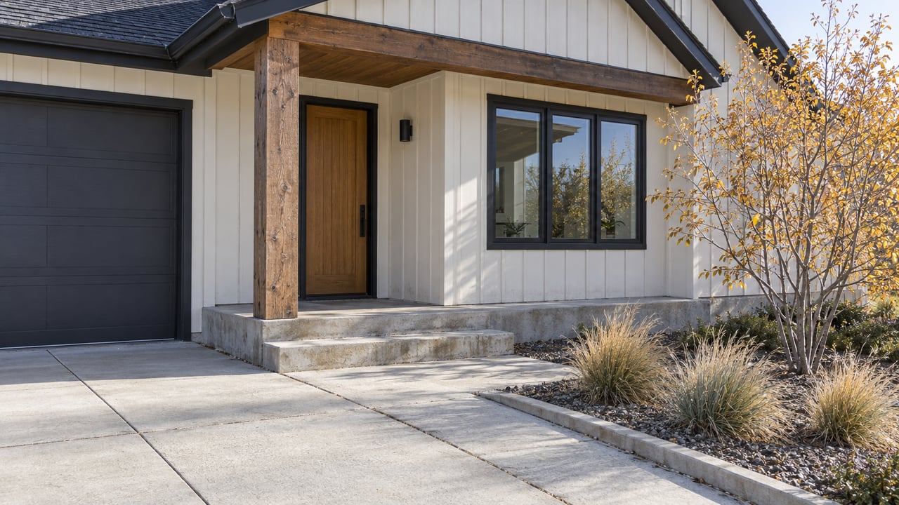 Light board-and-batten home with a dark gabled roof, timber porch post, wood entry door and concrete walk bordered by autumn serviceberry and bunchgrass.