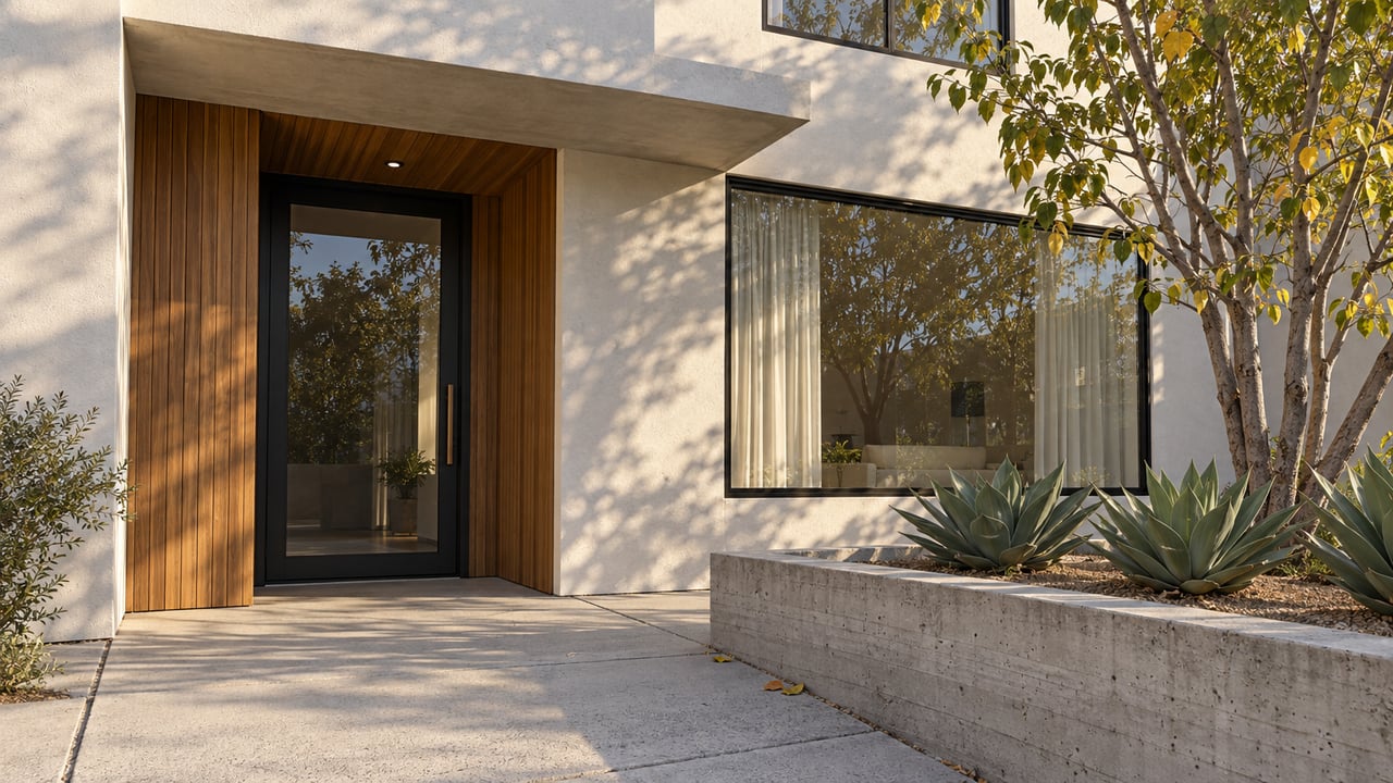 White-stucco condominium entrance with black-framed glass, a teak-lined recess and a raised concrete bed containing a branching tree and three agaves.