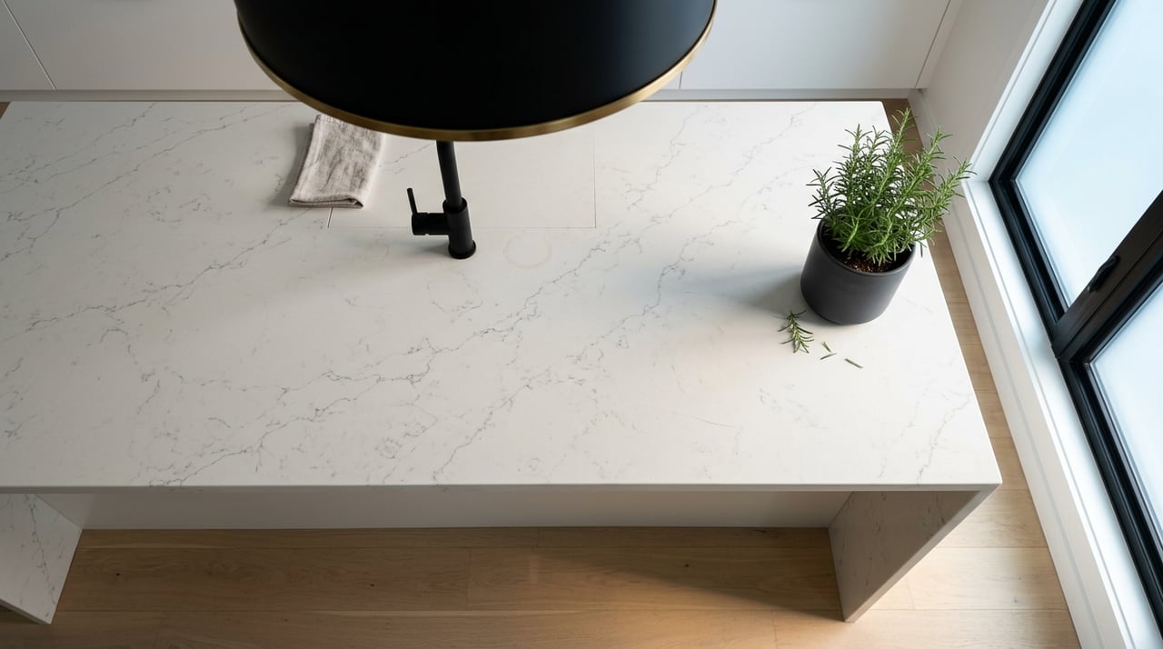 Quartz kitchen island with a matte black faucet, potted rosemary, and folded linen towel beside a black-framed window.
