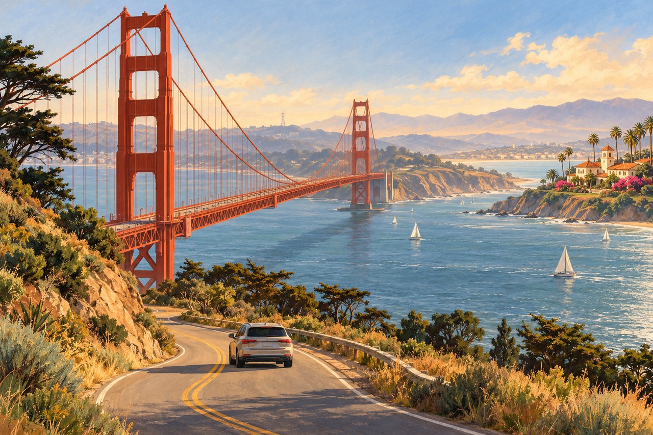Conceptual illustration of the Golden Gate Bridge and a coastal drive toward a sunlit Santa Barbara-style neighborhood.