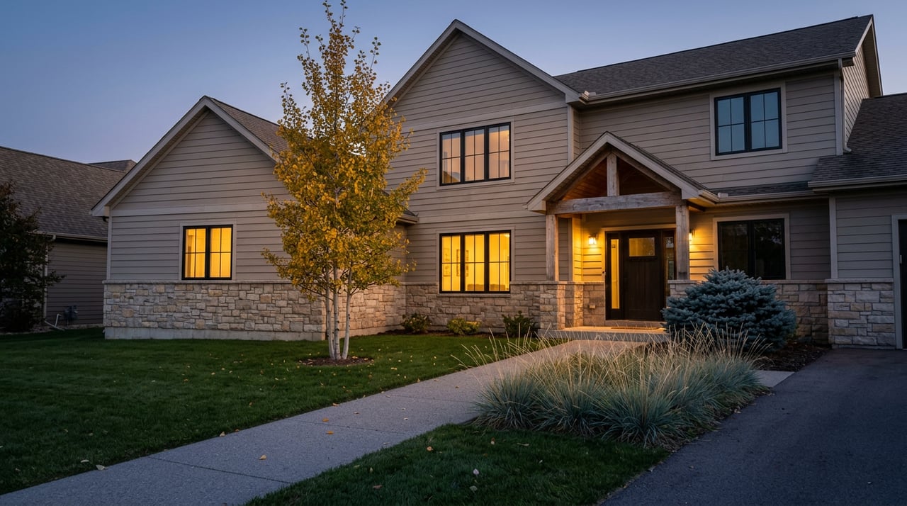 Two-story stone-and-greige-sided home glowing at dusk, with a golden aspen beside the front walkway.