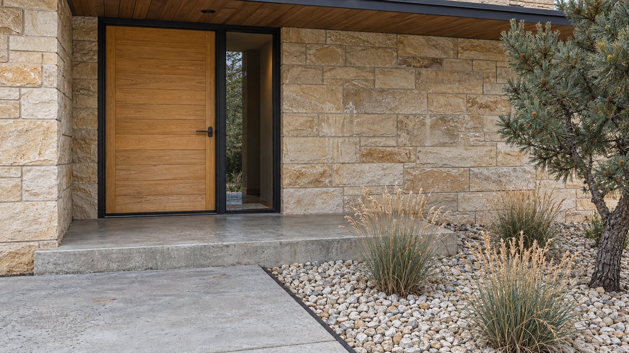 A wood entry door and glazed sidelight beneath a low roof, beside buff sandstone, a concrete step, and a gravel bed with a sculptural pine and tawny grasses.
