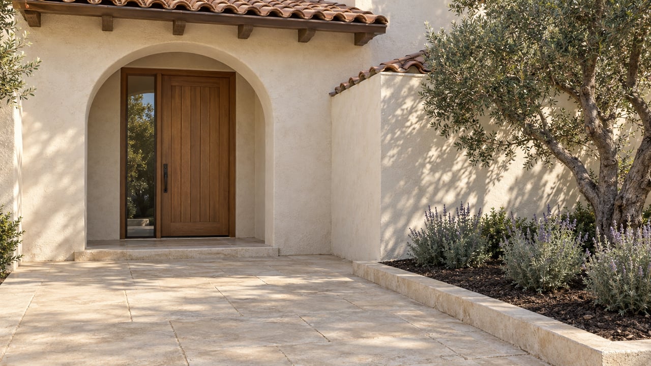 Sunlit stucco home entry with an arched oak door, terracotta roof tiles, sandstone paving and an olive tree.