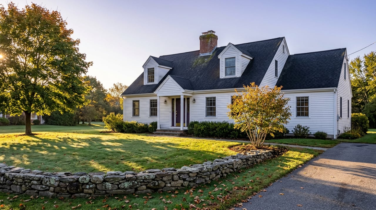 Cape-style house with white clapboard siding, two dormers, and a broad lawn in early-morning light.