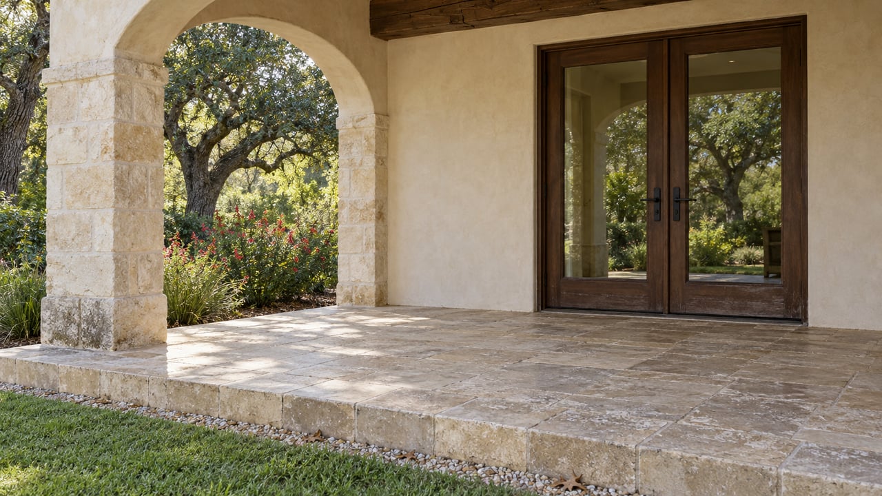 Covered limestone terrace with a stucco arch, paired glazed wood doors, and a mature oak beside the garden.