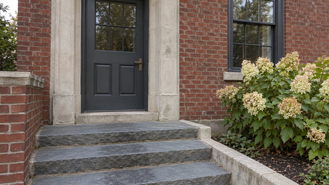 Recessed charcoal entry door above worn bluestone steps, beside a flowering hydrangea in a brick facade.
