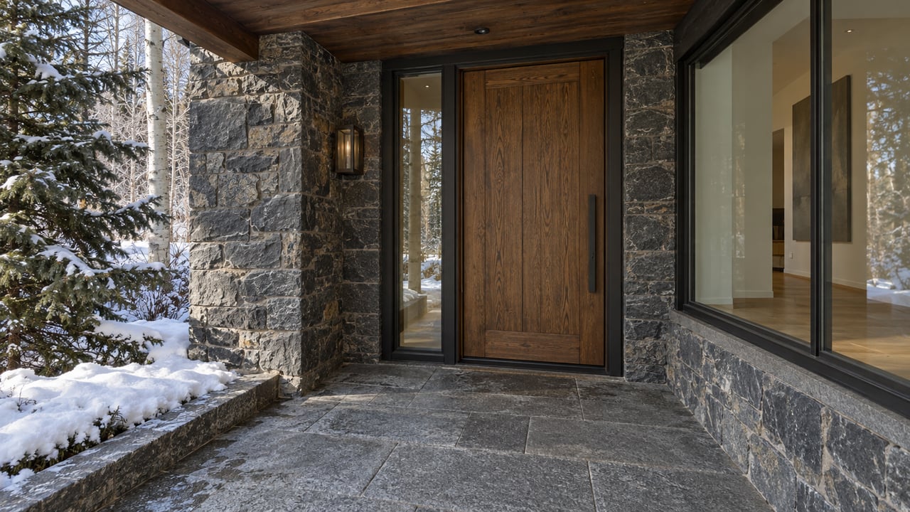 Winter light on a stone and timber home entrance, with glazed windows, a cleared granite terrace and snow beside a mature spruce.