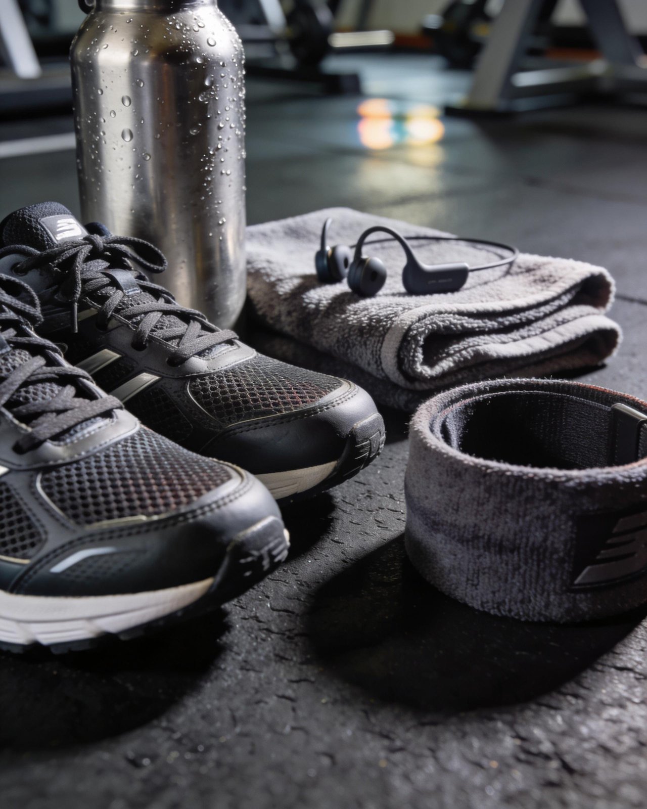Workout shoes, headphones and water bottle ready for a daily fitness routine