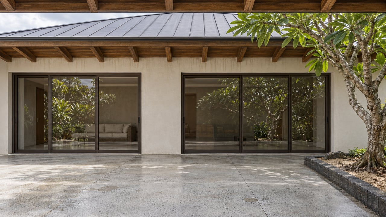 Low view of a covered terrace with teak rafters, closed bronze-framed glass doors, pale concrete paving and a plumeria beside a raised stone planting curb.
