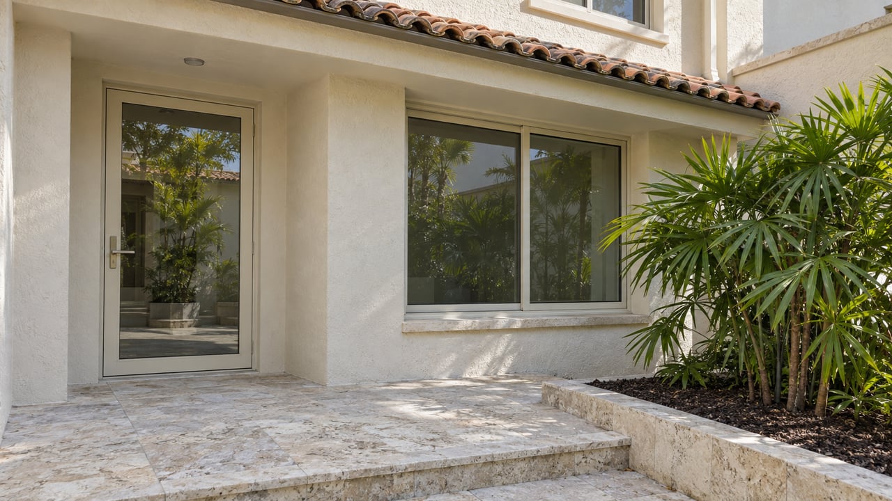 Home entrance with a glass front door, stone-tiled steps and tropical landscaping.