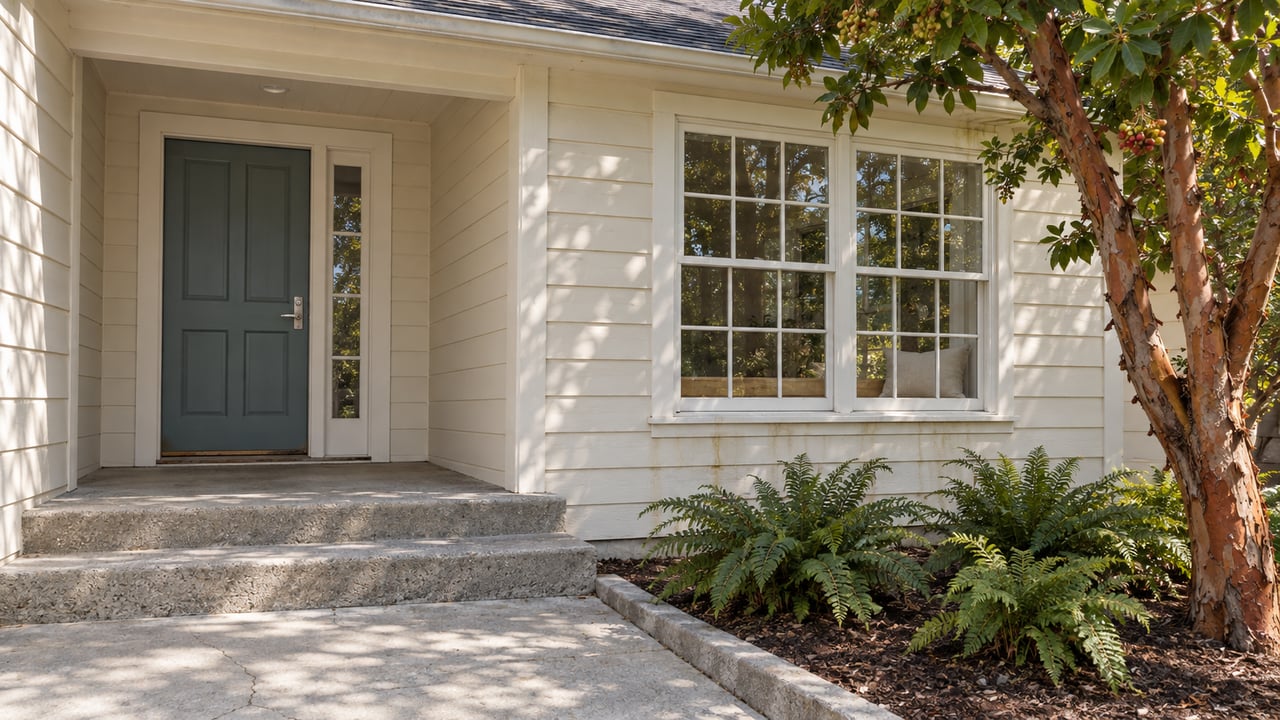 A cream wood-sided home entrance with a teal door, multi-pane window, weathered concrete steps and a branching strawberry tree.